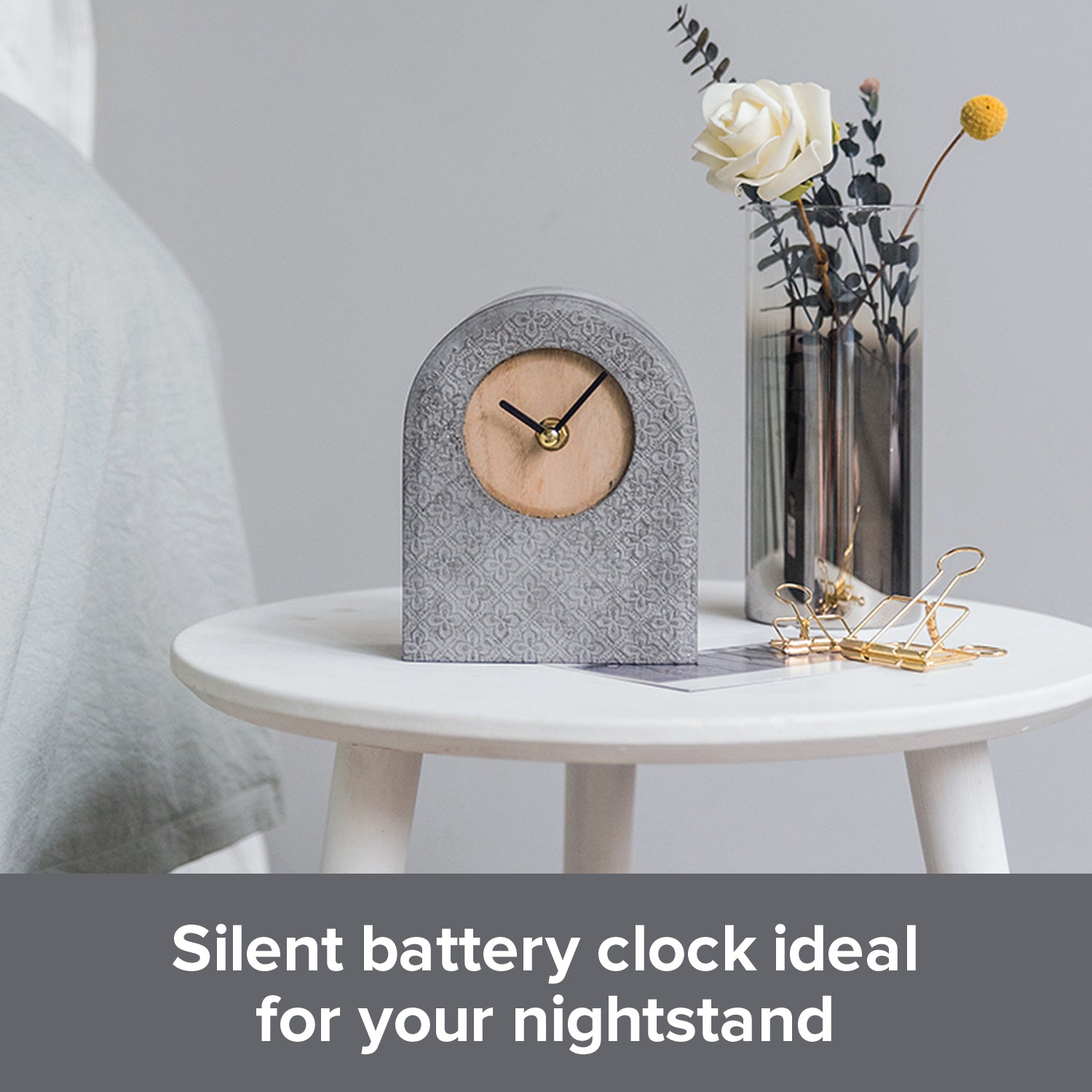Load image into Gallery viewer, Non-ticking Nordic Style Small Desk Clock | Battery-Powered Grey Cement-Style Mantle Clock
