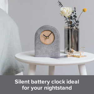 Non-ticking Nordic Style Small Desk Clock | Battery-Powered Grey Cement-Style Mantle Clock
