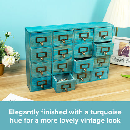 Teal Turquoise Vintage Wood 16 Mini Card Catalog Drawers Apothecary Cabinet I Organize Your Desktop