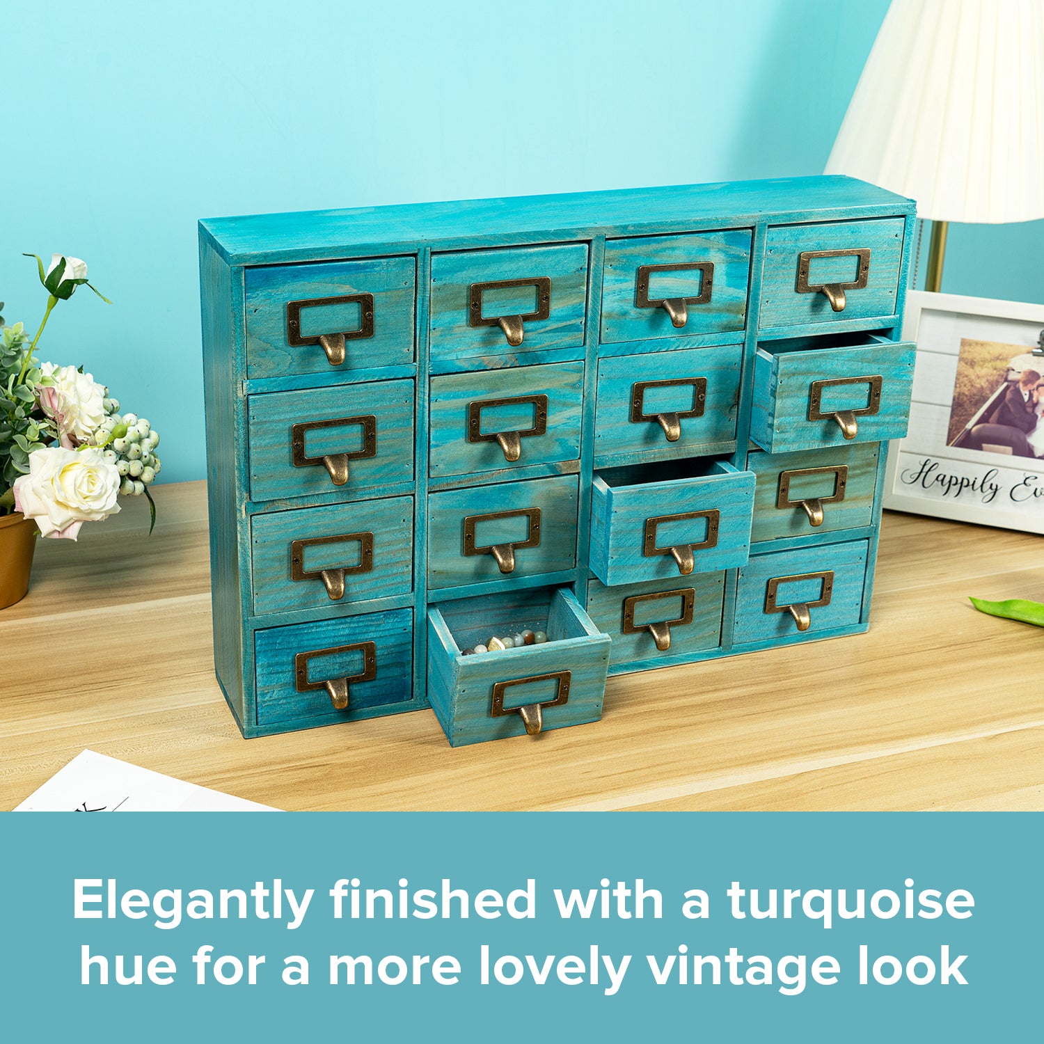 Load image into Gallery viewer, Teal Turquoise Vintage Wood 16 Mini Card Catalog Drawers Apothecary Cabinet I Organize Your Desktop