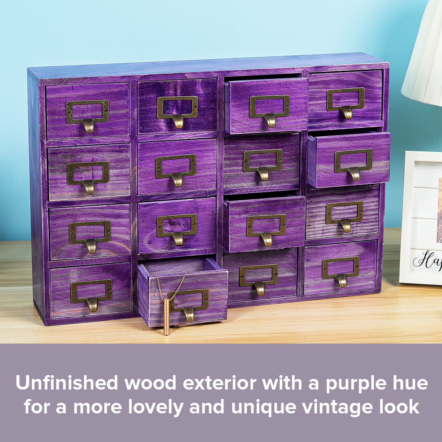 Purple 16 Apothecary Wood Drawer Cabinet Unit | Slim 4-Level Desk Desktop Wall Organizer