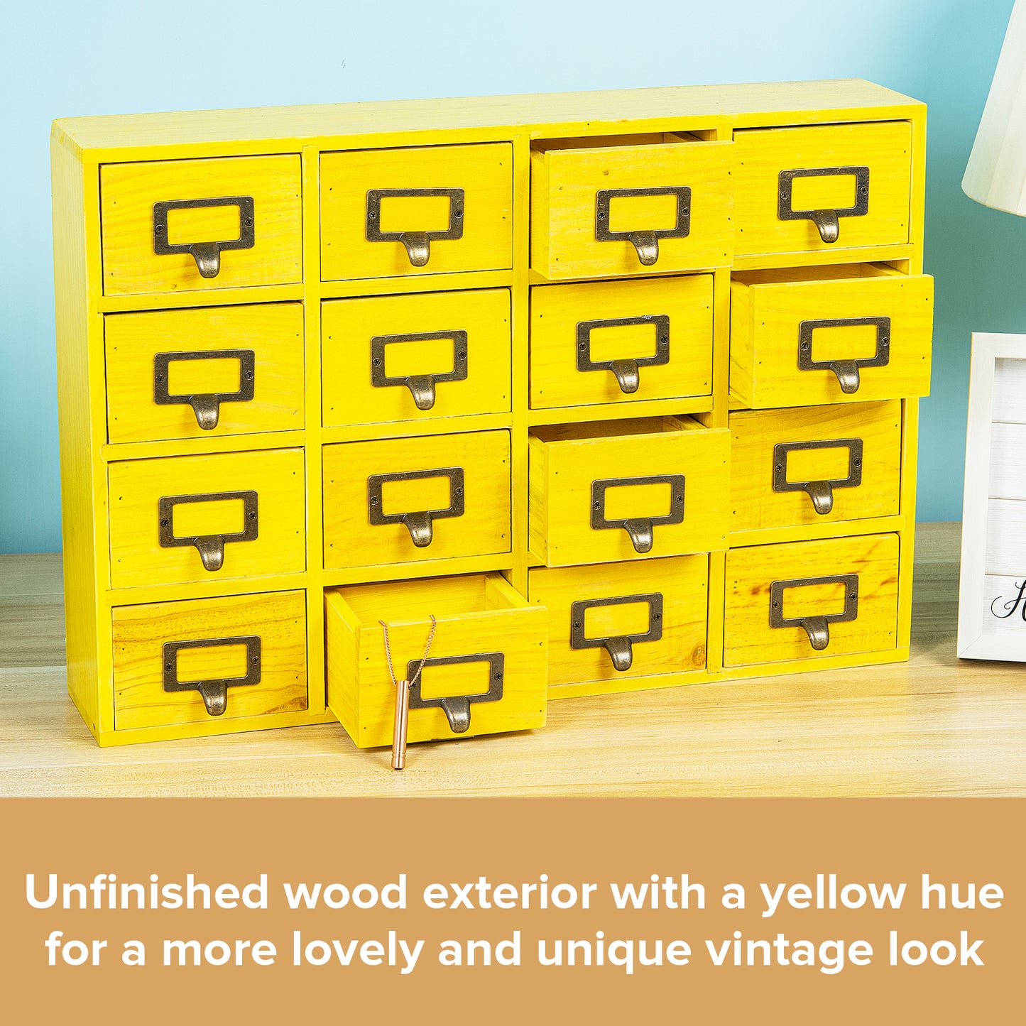 Yellow 16-Slot Wood Card Catalog Drawer Unit | Slim 4-Level Desk Apothecary Organizer