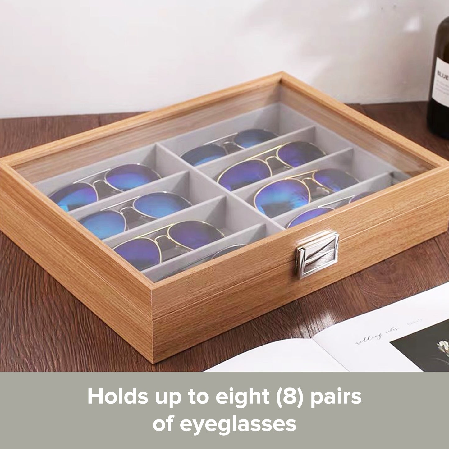 Sunglasses Organizer Display Case with 8 Slots | Sunglass Holder Wood Tray with Velvet Interior