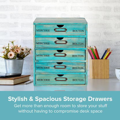 Teal 5-Drawer Wood Desktop Vintage Organizer | French Euro Farmhouse Storage Shelf Cabinet