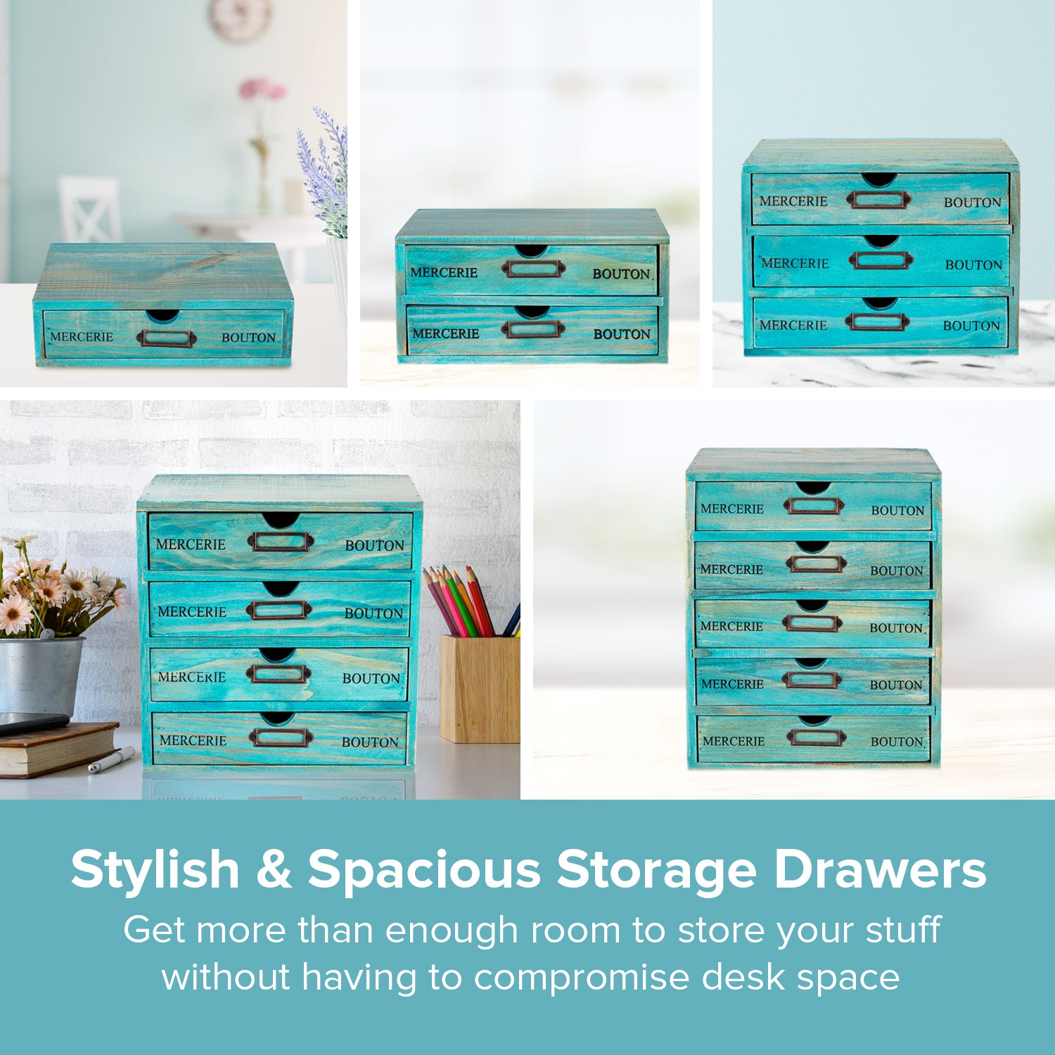 5x Desktop Full Set Storage Drawer | Mix and Match Wood Organizer Table Top  Cabinet Teal