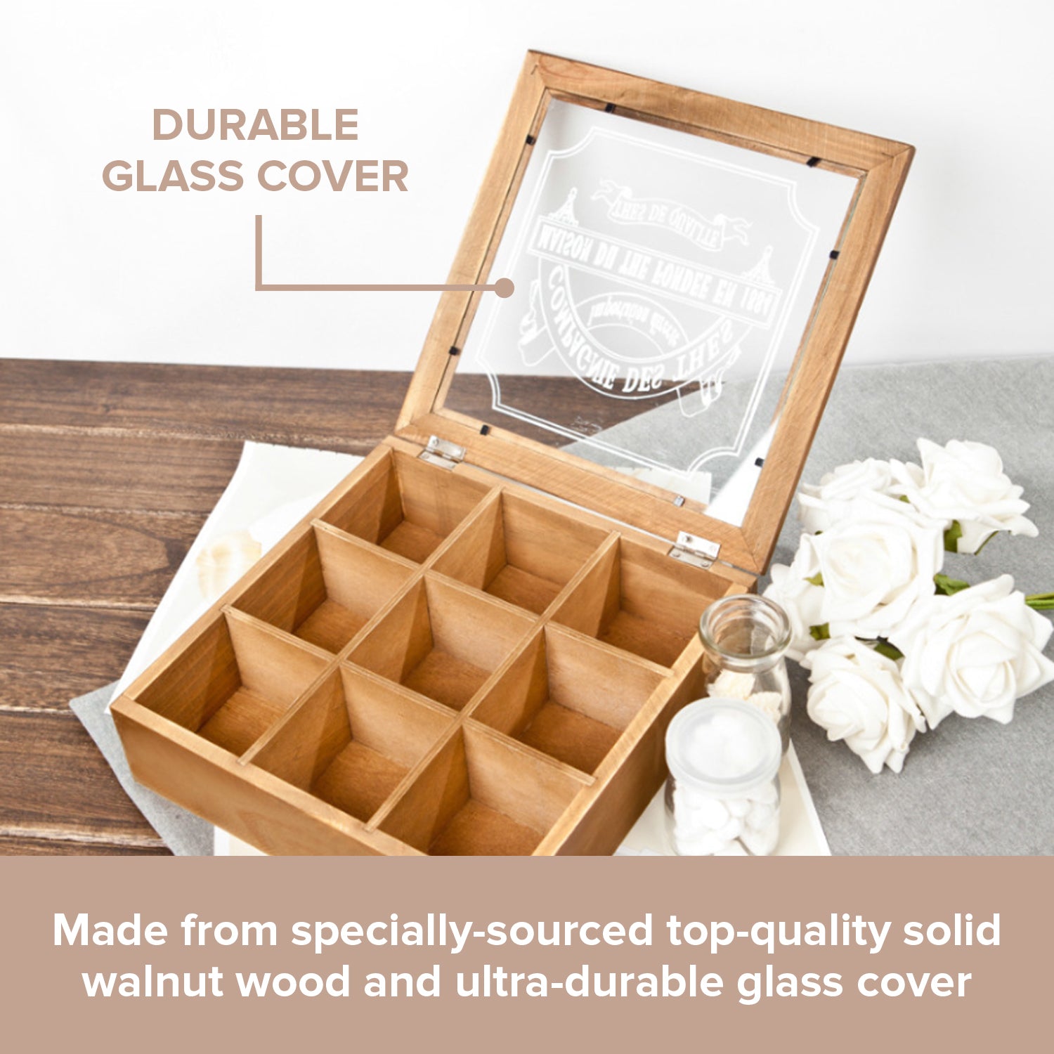 9-Slot Wood Glass Storage Box  Square Wood Organizer Box with