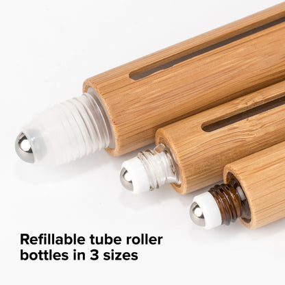 Bamboo Travel Oil Bug Spray Refillable Roll On Bottles | Natural Designer Look I Value 3 Pack