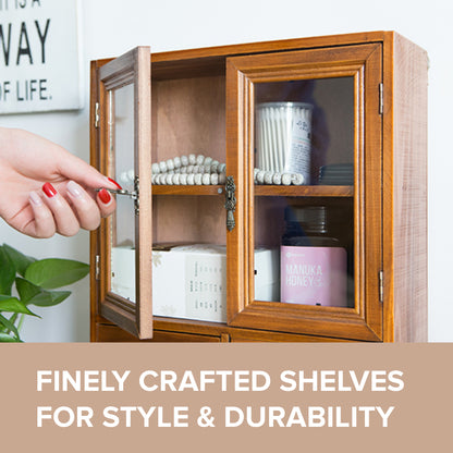 Wall Shelf Cupboard and Pantry Storage | Glass Display Wood Drawered Cabinets