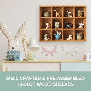12-Slot Wood Display Cabinet | Stackable Against the Wall Square Cubby Shelf Desk Table Organizer