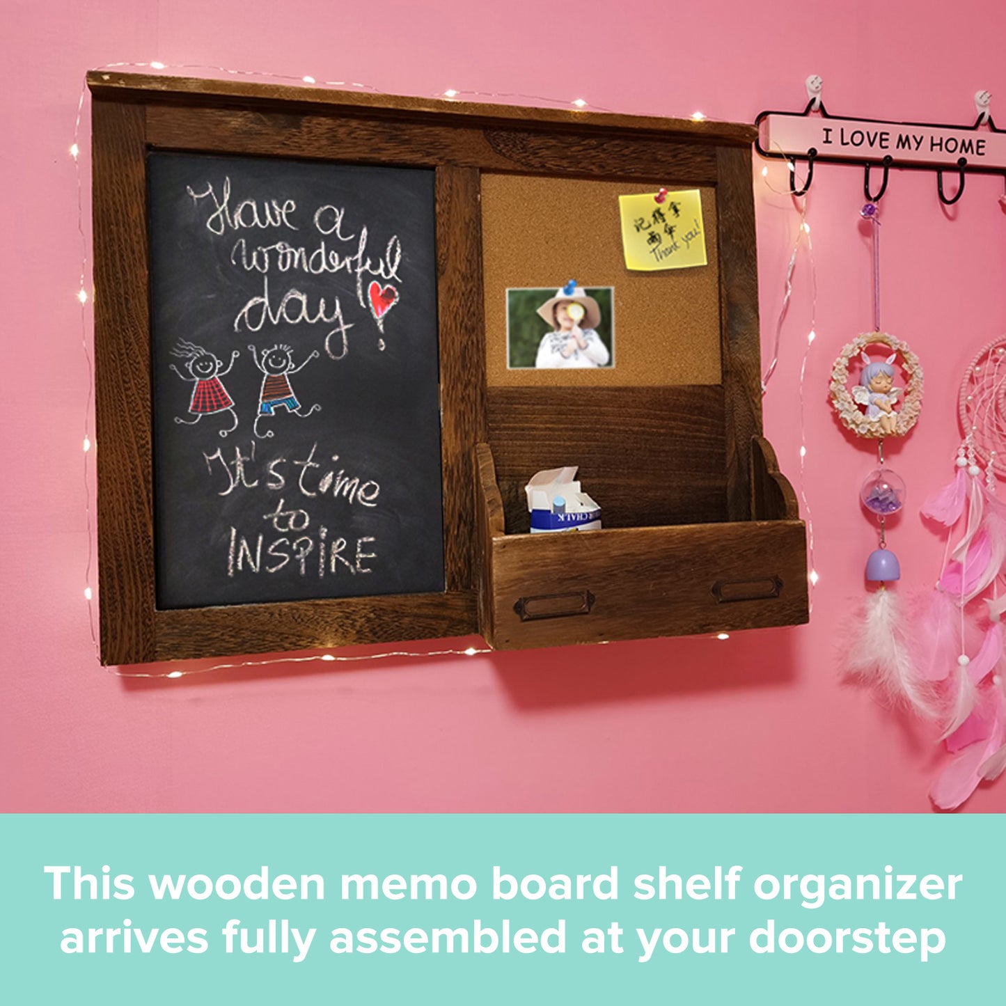 Wood Note Board Entryway Organizer With Chalkboard & Corkboard Wall Mount Organizer Storage