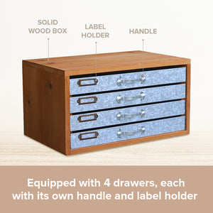 Wooden File Organizer with 4 Metal Drawers | Industrial Steampunk Decor Folder File Organizer