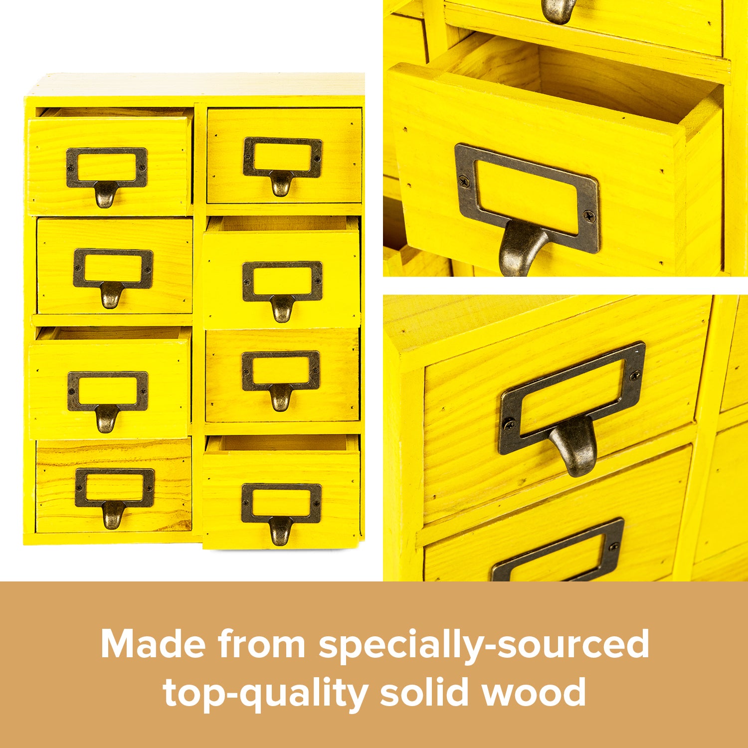 Load image into Gallery viewer, Yellow 16-Slot Wood Card Catalog Drawer Unit | Slim 4-Level Desk Apothecary Organizer