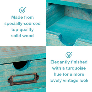 Teal 5-Drawer Wood Desktop Vintage Organizer | French Euro Farmhouse Storage Shelf Cabinet