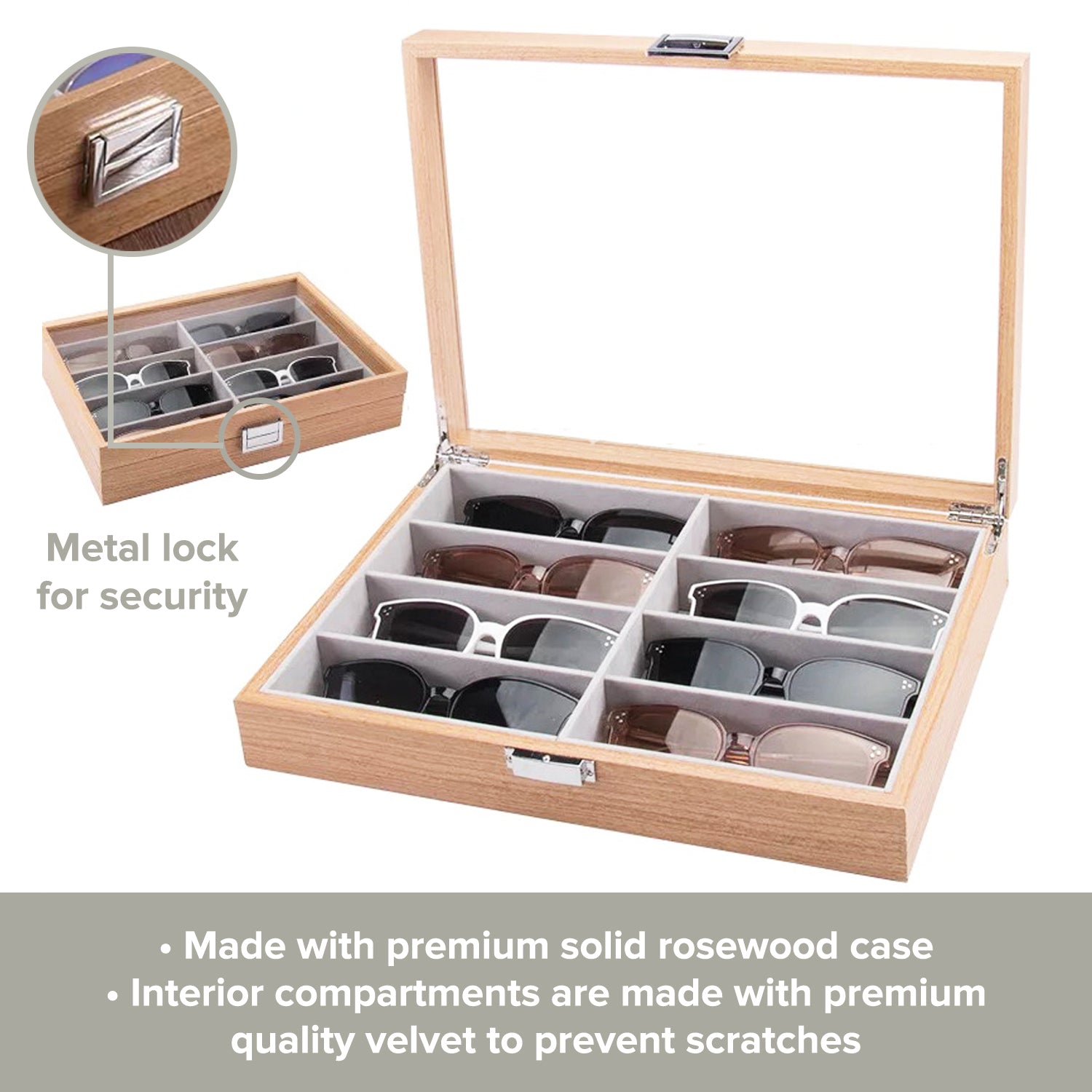 Load image into Gallery viewer, Sunglasses Organizer Display Case with 8 Slots | Sunglass Holder Wood Tray with Velvet Interior