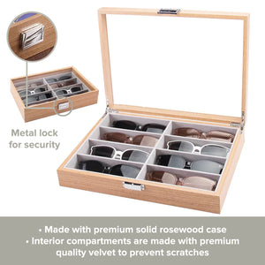 Sunglasses Organizer Display Case with 8 Slots | Sunglass Holder Wood Tray with Velvet Interior