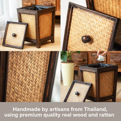 Rattan Basket Wooden Trash Can | Decorative Natural Wood Garbage Bin for Living Room