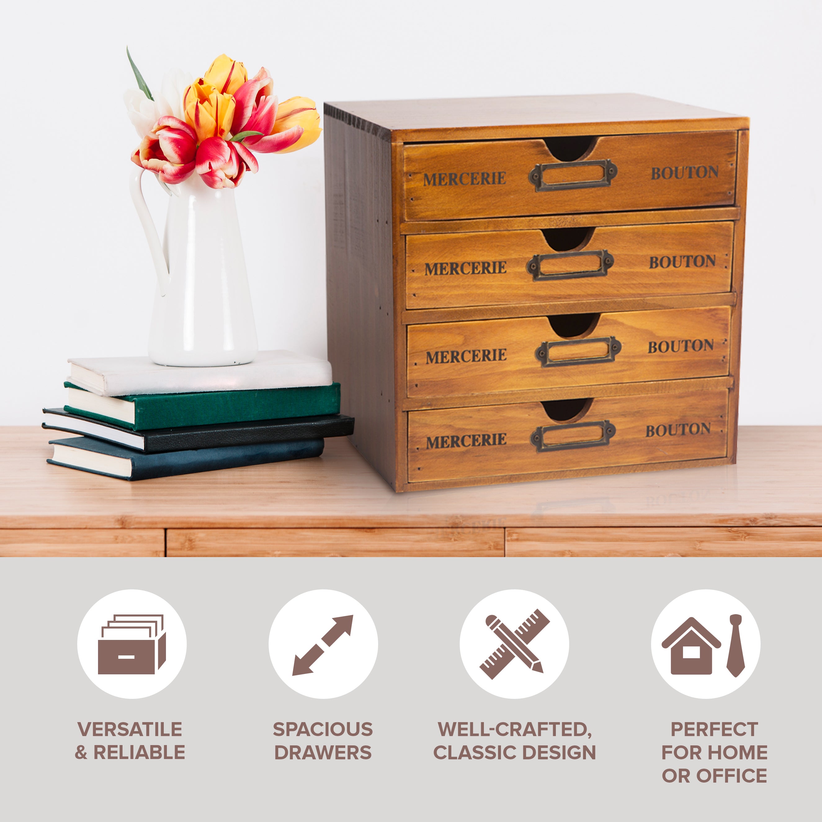 Stackable Vintage Wood 4 Drawer Desktop Wood Cabinet Organizer Box