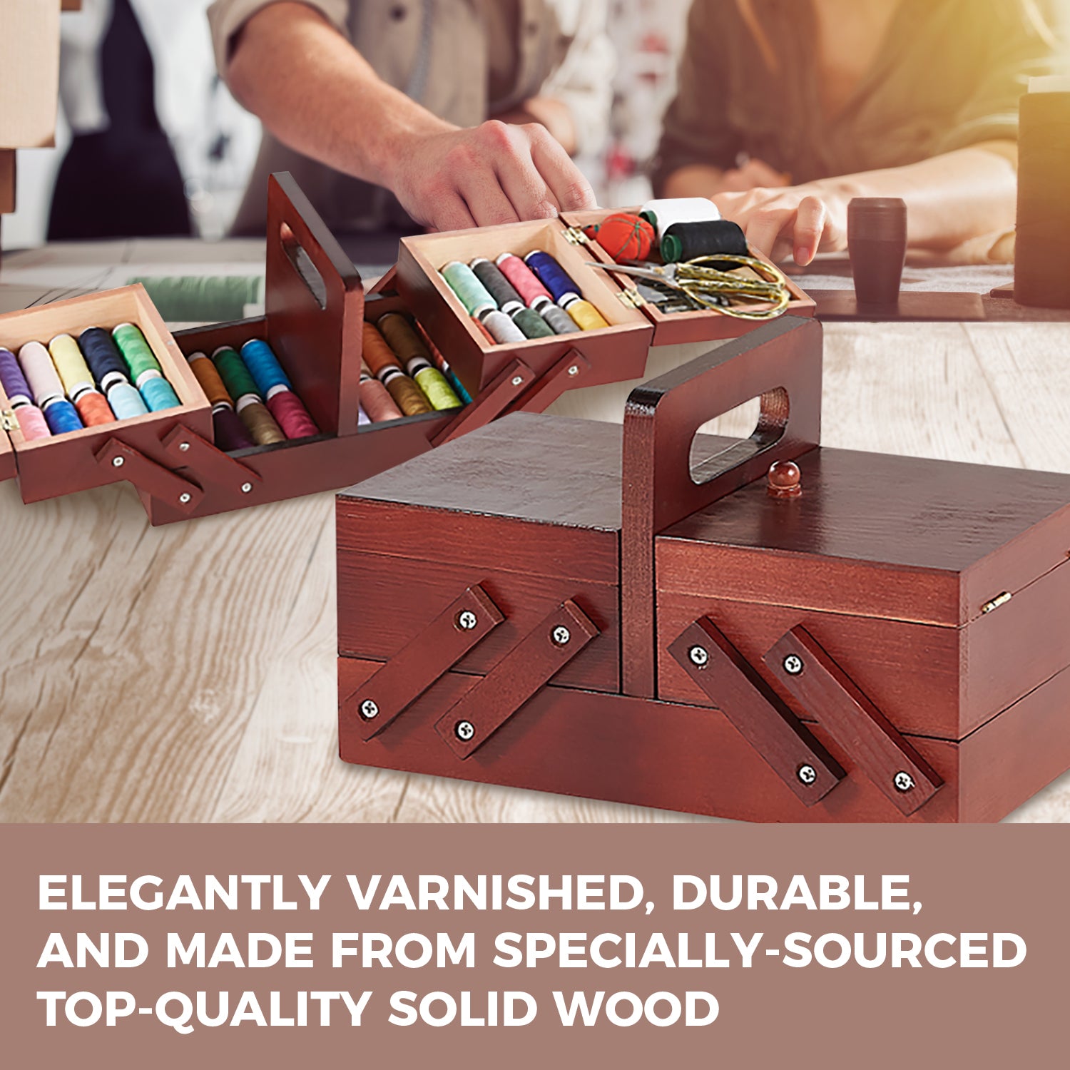 Foldable Expandable Sewing Thread Parts Craft Organizer Solid Wood Expands  For Easy Storage