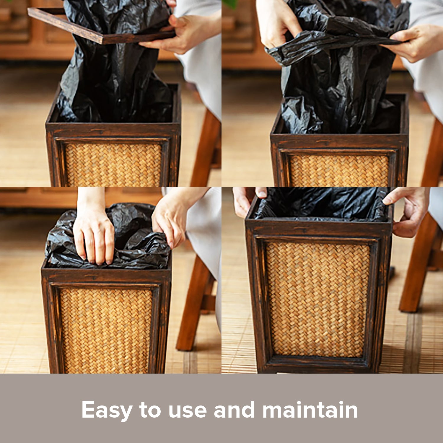 Load image into Gallery viewer, Rattan Basket Wooden Trash Can | Decorative Natural Wood Garbage Bin for Living Room