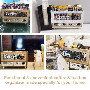 Coffee Storage Station Wooden Box Drawer Organizer | 2 Drawer Tea Dispenser Box Condiments