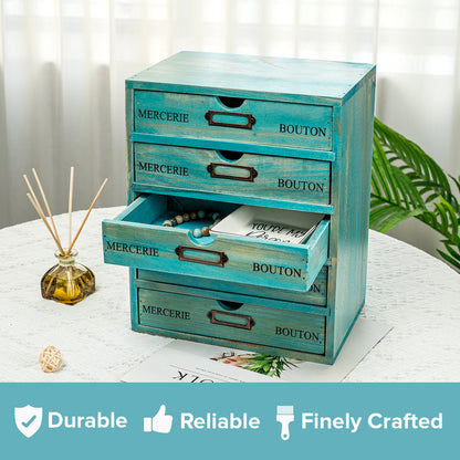 Teal 5-Drawer Wood Desktop Vintage Organizer | French Euro Farmhouse Storage Shelf Cabinet