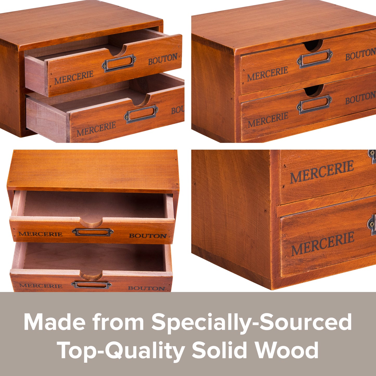 Stackable Vintage Wooden Storage Box | 2-Drawer Wood Cabinet Table Top Label Desk Organizer