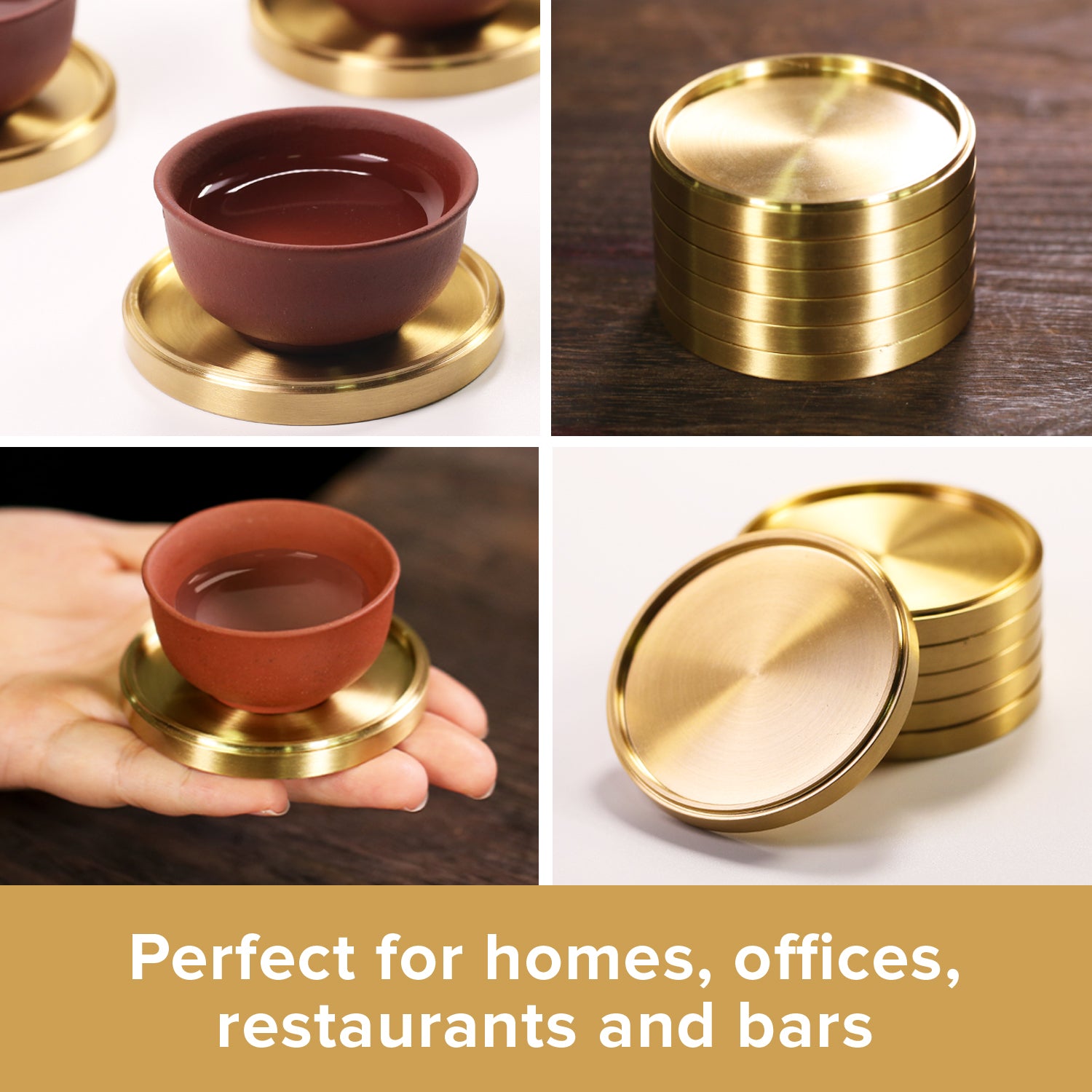 Brass Coasters for Drinks (6-Pack) Classy MCM Style Coaster Set