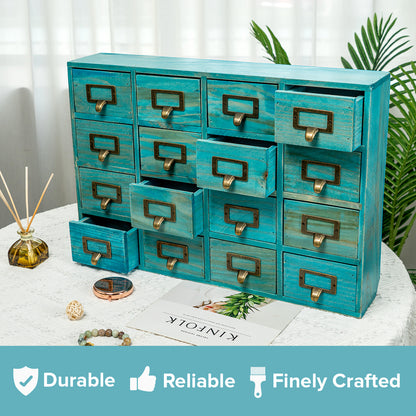 Teal Turquoise Vintage Wood 16 Mini Card Catalog Drawers Apothecary Cabinet I Organize Your Desktop