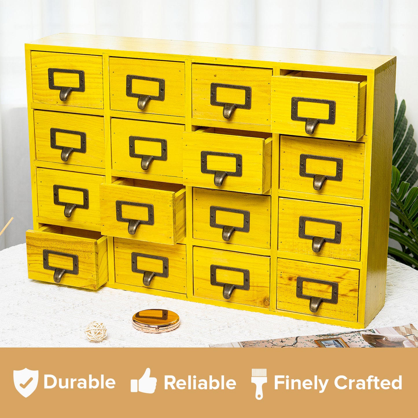 Yellow 16-Slot Wood Card Catalog Drawer Unit | Slim 4-Level Desk Apothecary Organizer