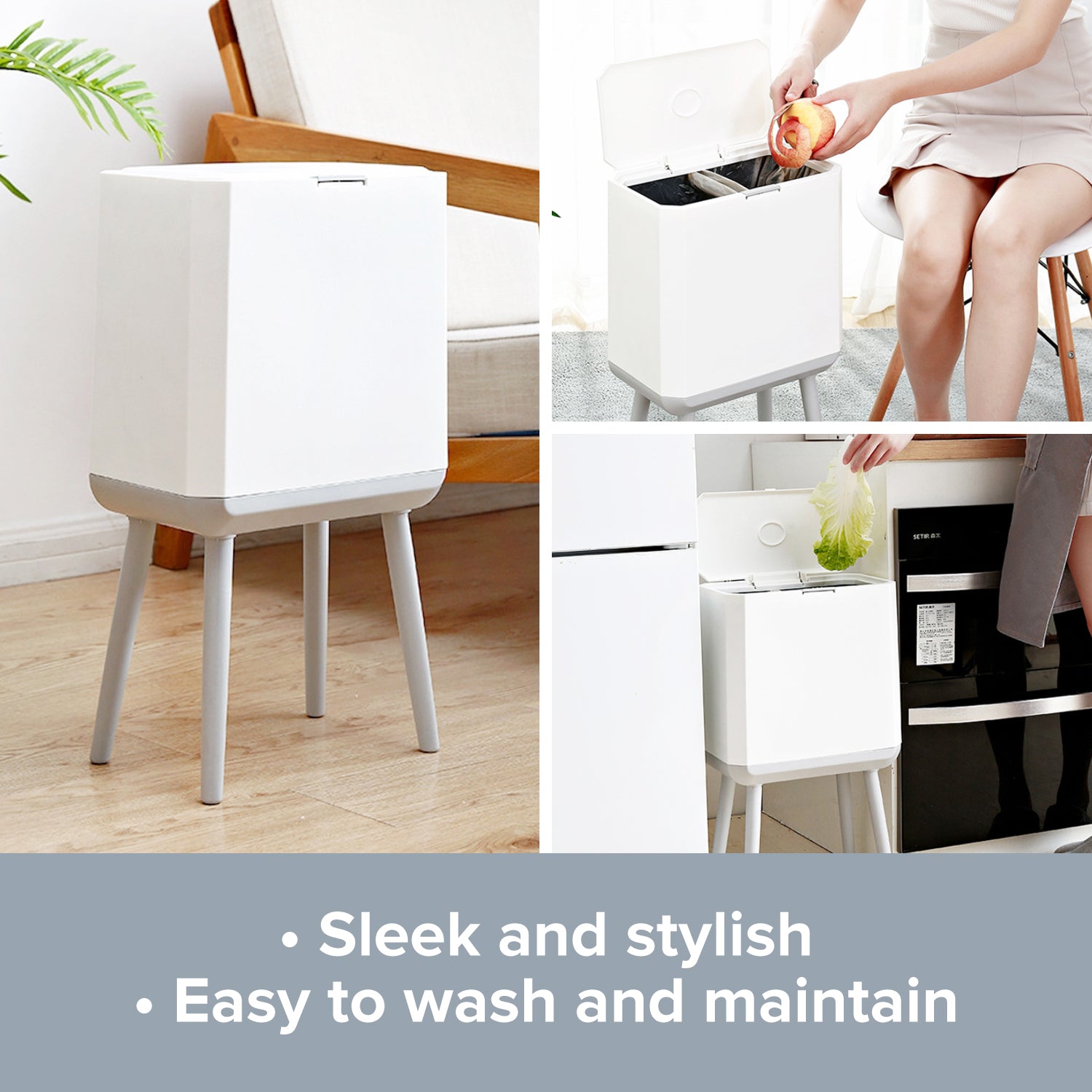 Load image into Gallery viewer, Tall Kitchen Trash Can with Long Legs | Nordic Style Dual Compartment Trash Can with Lid