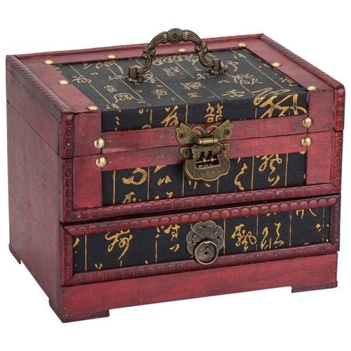 Asian-Style Rustic Wooden Lock Box with Drawer | Tabletop Decorative Box with Lock