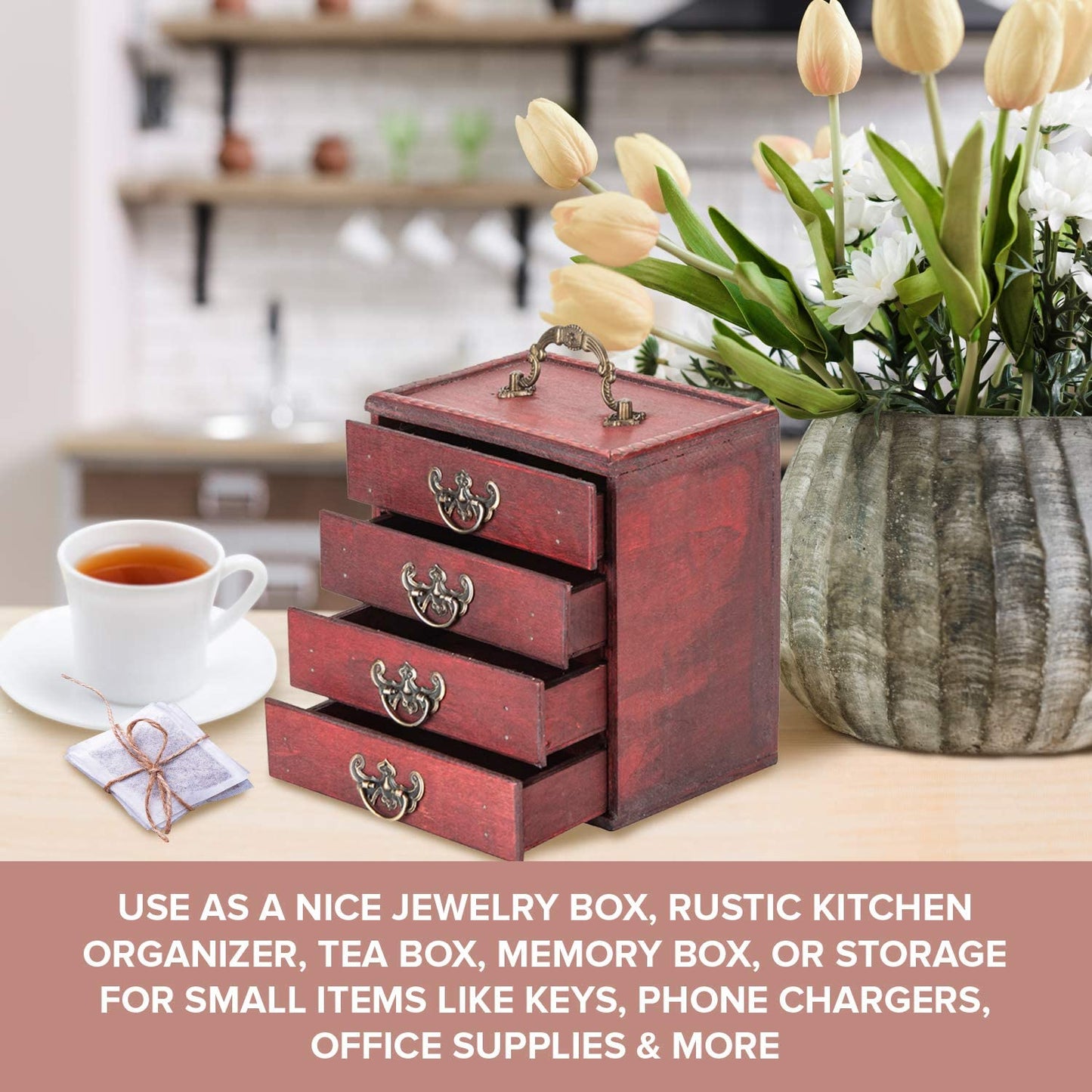 Victorian Rustic Storage Box Antique Wooden Box Organizer | 4-Drawer Traditional Decor Wood Box
