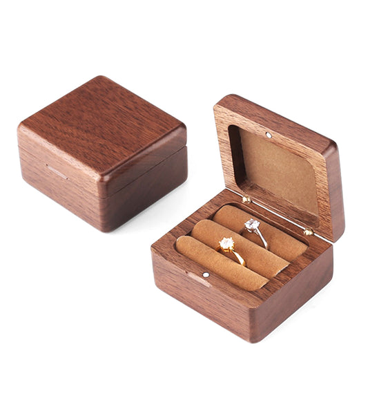 Solid Wood Double Ring Holder Case | Box Style Wedding Band Travel Pair Storage