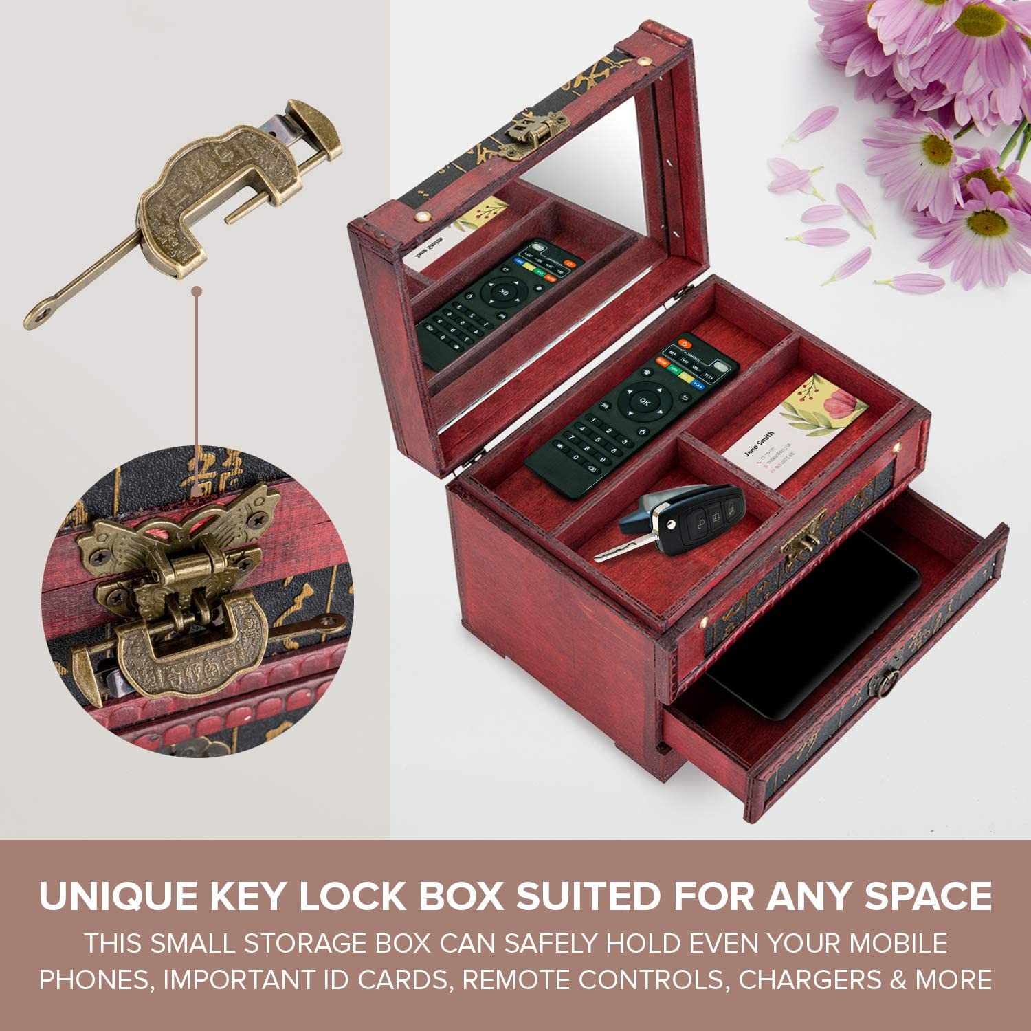 Asian-Style Rustic Wooden Lock Box with Drawer