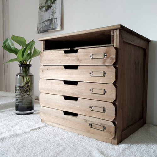 5 Drawer + Storage Slot Wood Desktop Organizer | Mini Cabinet Style With Metal Label Holder